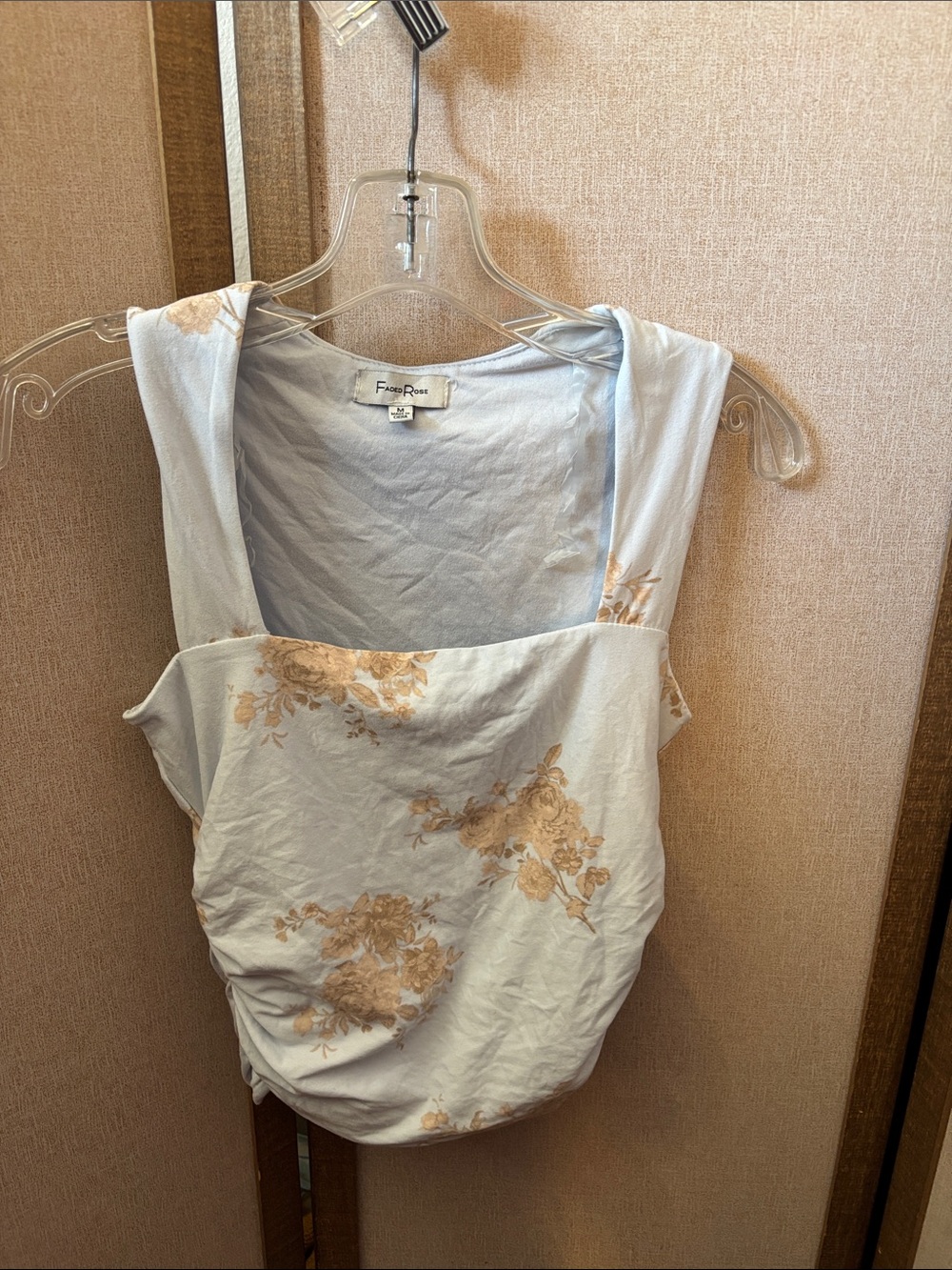 Faded Rose Light Blue Floral Square-Neck Tank with Beige Print Junior Med